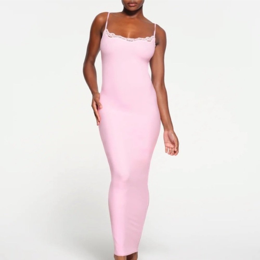 SKIMS Fits Everybody Lace Long Slip Dress in Cherry Blossom